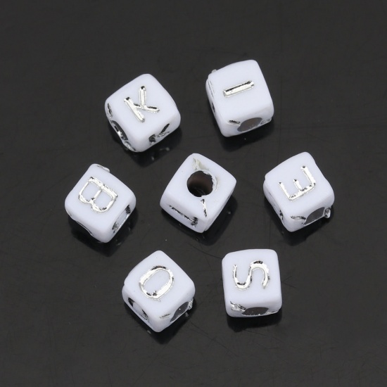 Picture of Acrylic Beads Square At Random Silver Initial Alphabet/ Capital Letter Pattern About 5mm x 5mm, Hole: Approx 2.1mm, 500 PCs