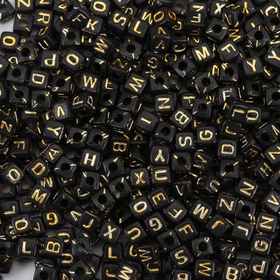 Image de Perles en Acrylique Carré Couleur au Hasard Noir Alphabet Initial/ Lettre Majuscule 5mm x 5mm, Trou: env. 2.1mm, 500 Pcs