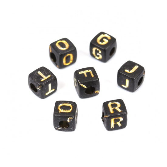 Picture of Acrylic Beads Square At Random Black Initial Alphabet/ Capital Letter Pattern About 5mm x 5mm, Hole: Approx 2.1mm, 500 PCs