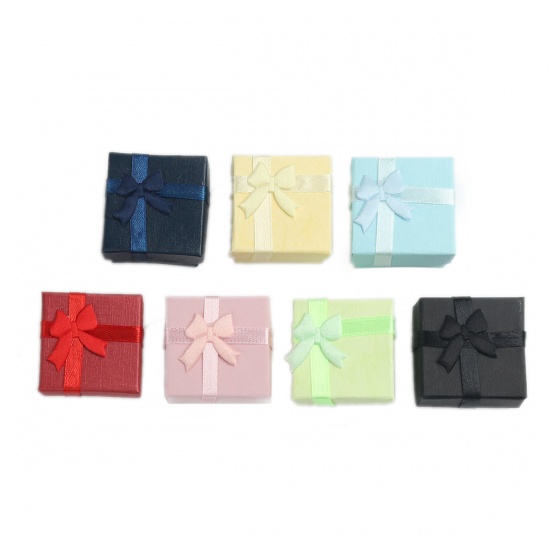 Picture of Paper Jewelry Gift Boxes Square Green Bowknot Pattern 4.3cm x 4.3cm , 6 PCs