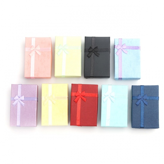 Picture of Paper Jewelry Gift Boxes Rectangle Deep Blue Bowknot Pattern 8.1cm x 5.2cm , 4 PCs