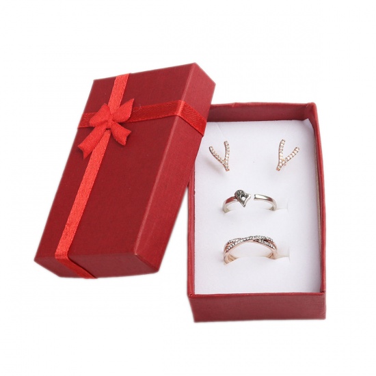 Picture of Paper Jewelry Gift Boxes Rectangle Red Bowknot Pattern 8.1cm x 5.2cm , 4 PCs