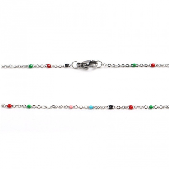 Bild von 304 Edelstahl Gliederkette Kette Halskette Silberfarbe Rosa Emaille 60cm lang, 1 Strang
