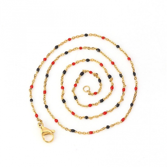 Picture of 304 Stainless Steel Link Cable Chain Necklace Gold Plated Red Enamel 60cm(23 5/8") long, 1 Piece