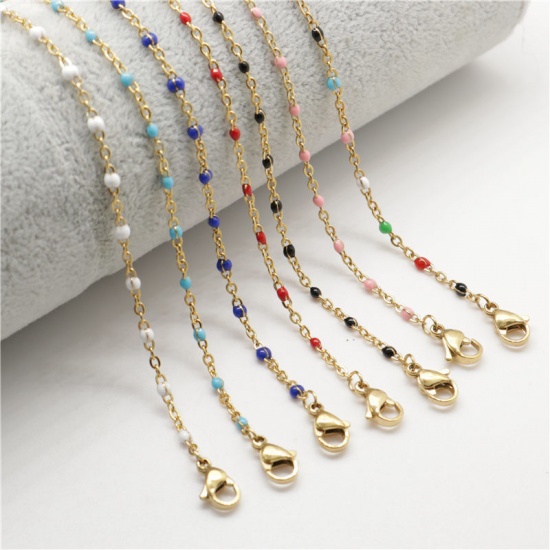 Picture of 304 Stainless Steel Link Cable Chain Necklace Gold Plated Light Blue Enamel 60cm(23 5/8") long, 1 Piece