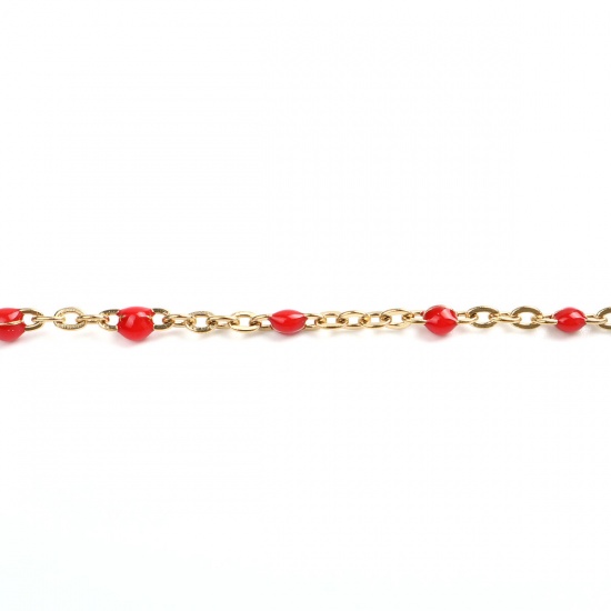 Picture of 304 Stainless Steel Link Cable Chain Gold Plated Red Enamel 2.5x2mm, 1 M