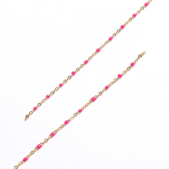Picture of 304 Stainless Steel Link Cable Chain Gold Plated Hot Pink Enamel 2.5x2mm, 1 M