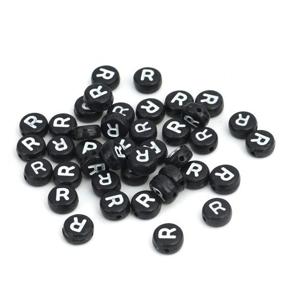 Picture of Acrylic Beads Flat Round Black & White Initial Alphabet/ Capital Letter Pattern Message " R " About 7mm Dia., Hole: Approx 1.2mm, 500 PCs