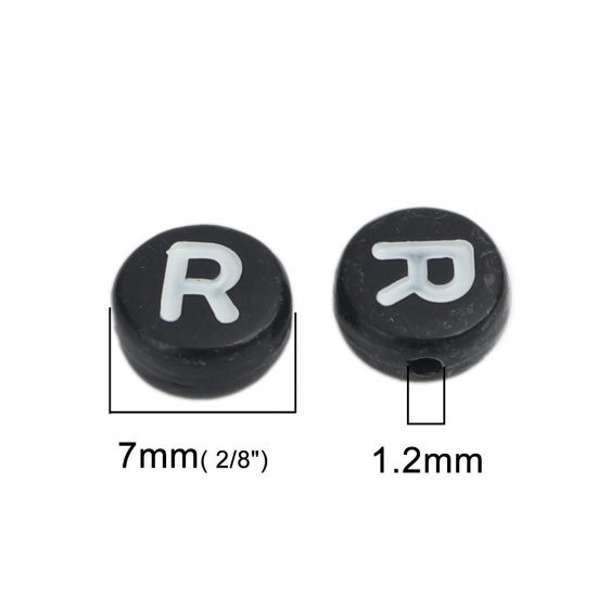 Picture of Acrylic Beads Flat Round Black & White Initial Alphabet/ Capital Letter Pattern Message " R " About 7mm Dia., Hole: Approx 1.2mm, 500 PCs