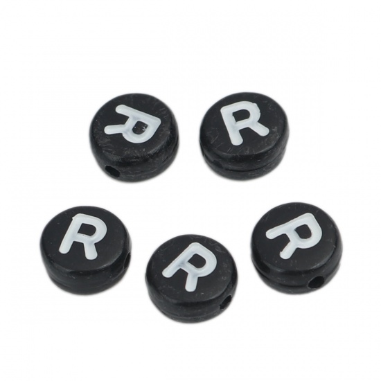 Picture of Acrylic Beads Flat Round Black & White Initial Alphabet/ Capital Letter Pattern Message " R " About 7mm Dia., Hole: Approx 1.2mm, 500 PCs