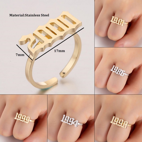 Picture of Stainless Steel Year Open Adjustable Rings Gold Plated Number " 2000 " Adjustable 17.3mm(US Size 7), 1 Piece