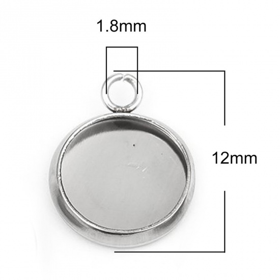 Picture of 304 Stainless Steel Charms Round Disc Silver Tone Cabochon Settings (Fits 8mm Dia.) 12mm x 10mm, 10 PCs