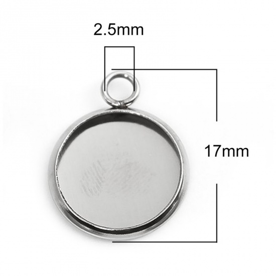 Picture of 304 Stainless Steel Charms Round Disc Silver Tone Cabochon Settings (Fits 12mm Dia.) 17mm x 14mm, 10 PCs