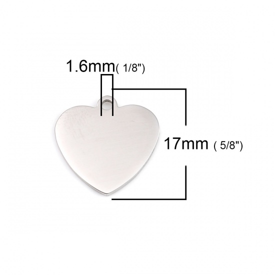 Image de 1 Pièce BreloquesÉtiquettes d'Estampage Vierges en Acier Inoxydable Cœur Argent Mat Polissage Double Face 17mm x 17mm