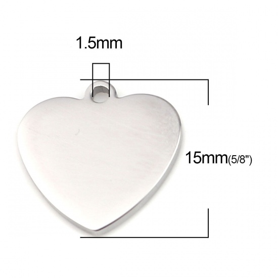 Picture of 1 Piece 304 Stainless Steel Blank Stamping Tags Charms Heart Silver Tone Double-sided Polishing 15mm x 15mm