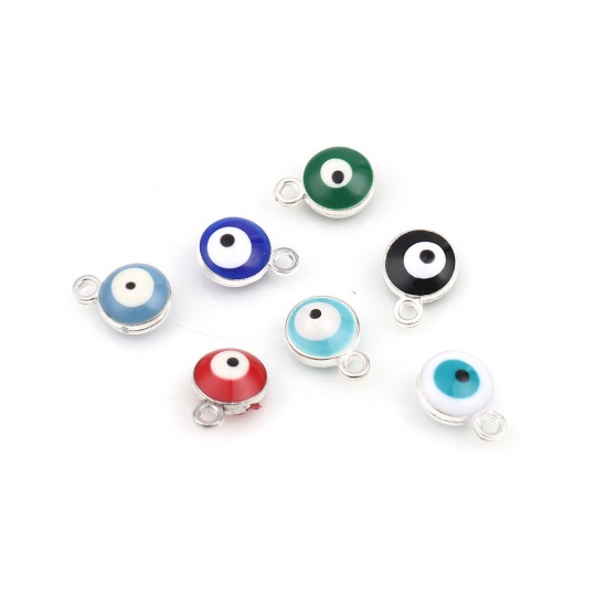 Picture of Zinc Based Alloy Religious Charms Round Silver Tone White & Green Blue Evil Eye 9mm x 7mm, 20 PCs