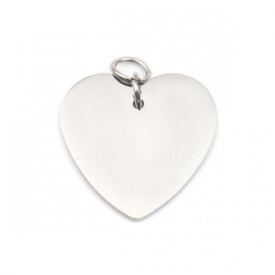 Picture of 1 Piece 304 Stainless Steel Blank Stamping Tags Pendants Heart Silver Tone Double-sided Polishing 30mm x 25mm