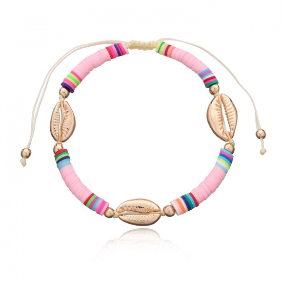 Picture of Polymer Clay Boho Chic Bohemia Katsuki Bead Anklet Gold Plated Pink Shell Adjustable 22cm(8 5/8") long, 1 Piece
