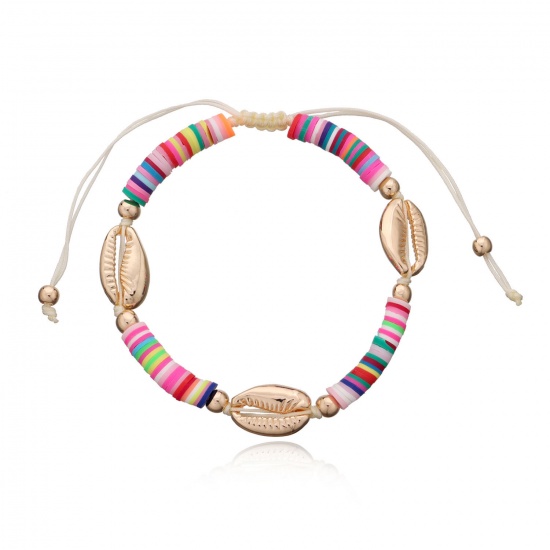 Picture of Polymer Clay Boho Chic Bohemia Katsuki Bead Anklet Gold Plated Multicolor Shell Adjustable 22cm(8 5/8") long, 1 Piece
