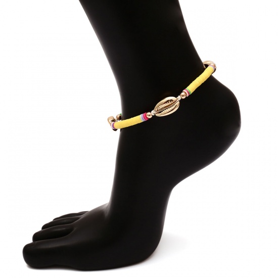 Picture of Polymer Clay Boho Chic Bohemia Katsuki Bead Anklet Gold Plated Yellow Shell Adjustable 22cm(8 5/8") long, 1 Piece