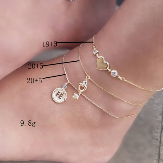 Picture of Anklet Gold Plated Heart Key Clear Rhinestone 20cm(7 7/8") long 19cm(7 4/8") long, 1 Set ( 3 PCs/Set)