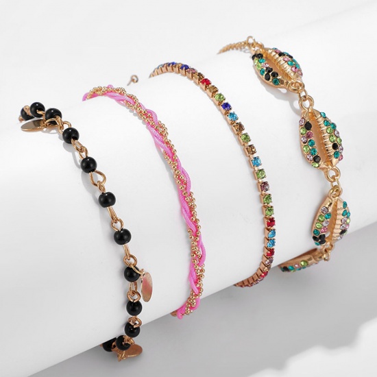 Picture of Anklet Gold Plated Round Shell Multicolor Rhinestone 20cm(7 7/8") long, 1 Set ( 4 PCs/Set)