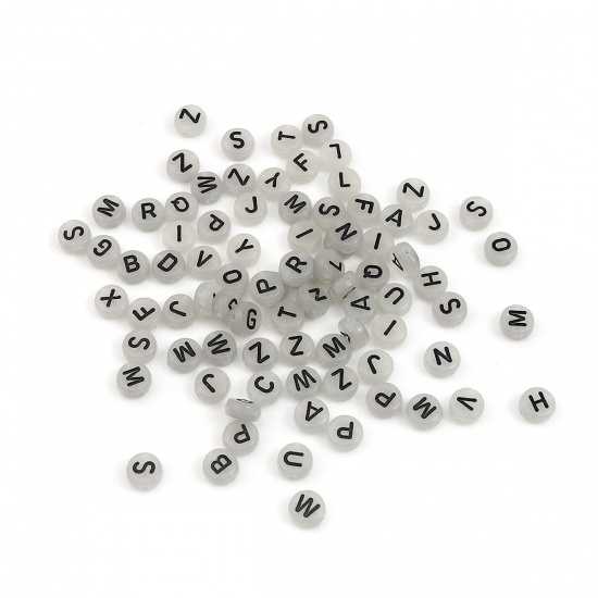 Picture of Acrylic Beads Flat Round Black Initial Alphabet/ Capital Letter Pattern About 7mm Dia., Hole: Approx 1.4mm, 500 PCs