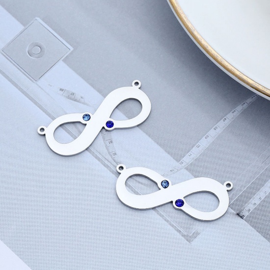 Picture of 304 Stainless Steel Highly-polished Connectors Infinity Symbol Silver Tone Blank Stamping Tags One Side Blue Rhinestone 35mm x 15mm, 1 Piece