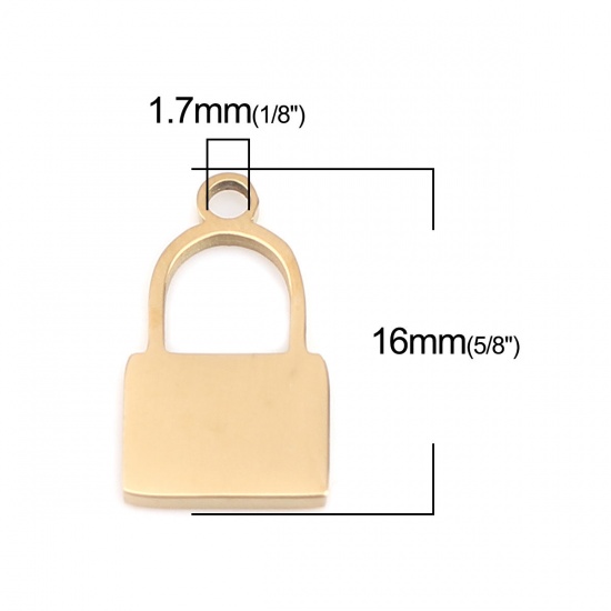 Picture of 1 Piece 304 Stainless Steel Blank Stamping Tags Charms Lock Gold Plated Double-sided Polishing 16mm x 9mm