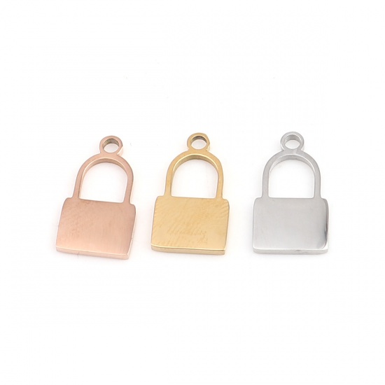 Picture of 1 Piece 304 Stainless Steel Blank Stamping Tags Charms Lock Gold Plated Double-sided Polishing 16mm x 9mm