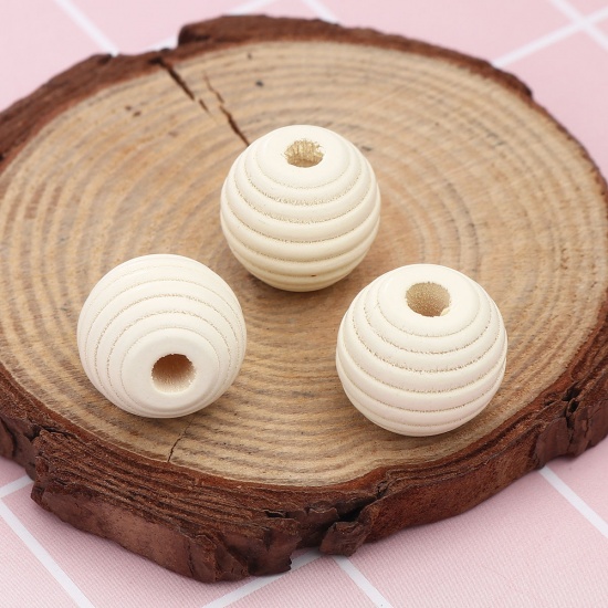 Picture of Wood Spacer Beads Oval Creamy-White Stripe About 18mm x 17mm, Hole: Approx 4.6mm, 30 PCs