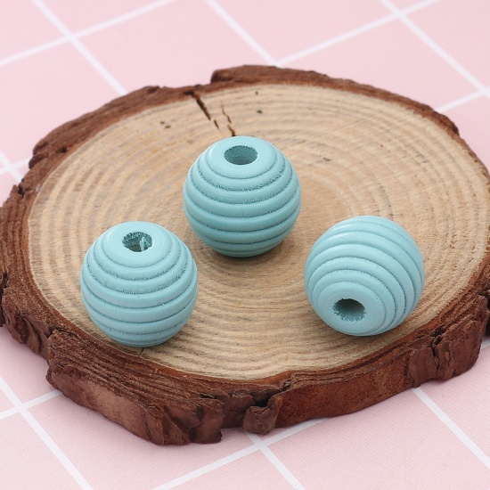 Picture of Wood Spacer Beads Oval Light Blue Stripe About 18mm x 17mm, Hole: Approx 4.6mm, 30 PCs