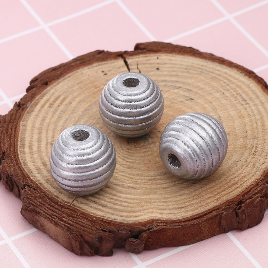 Picture of Wood Spacer Beads Oval Silver Color Stripe About 18mm x 17mm, Hole: Approx 4.6mm, 30 PCs