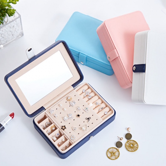 Picture of Skyblue - Rectangle PU Leather Jewelry Box Storage Box Ring Display Lady Case Portable Jewelry Organizer for Necklaces with Hook