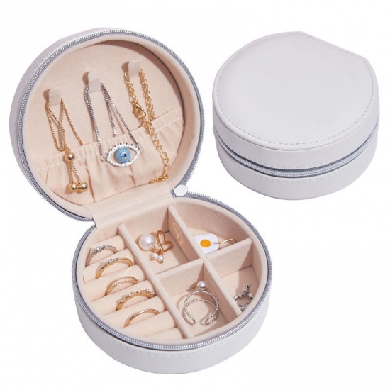 Изображение White - Round PU Leather Jewelry Box Storage Box Ring Display Lady Case Portable Jewelry Organizer for Necklaces