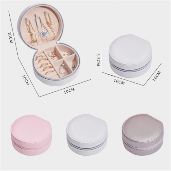 Picture of White - Round PU Leather Jewelry Box Storage Box Ring Display Lady Case Portable Jewelry Organizer for Necklaces