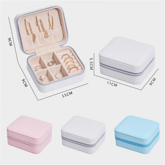 Immagine di Light Pink - Rectangle PU Leather Jewelry Box Storage Box Ring Display Lady Case Portable Jewelry Organizer for Necklaces