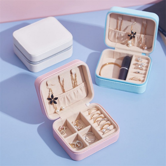 Immagine di Light Pink - Rectangle PU Leather Jewelry Box Storage Box Ring Display Lady Case Portable Jewelry Organizer for Necklaces