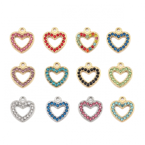 Picture of 304 Stainless Steel Charms Heart Gold Plated Orange-red Rhinestone 15mm x 14mm, 2 PCs