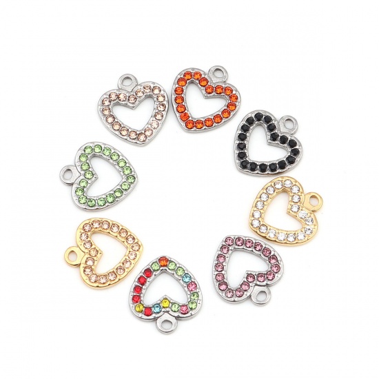 Picture of 304 Stainless Steel Charms Heart Gold Plated Clear Rhinestone 15mm x 14mm, 2 PCs