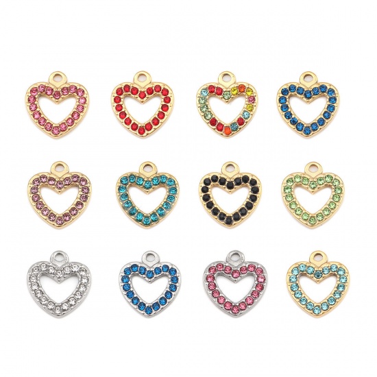 Picture of 304 Stainless Steel Charms Heart Gold Plated Lake Blue Rhinestone 15mm x 14mm, 2 PCs