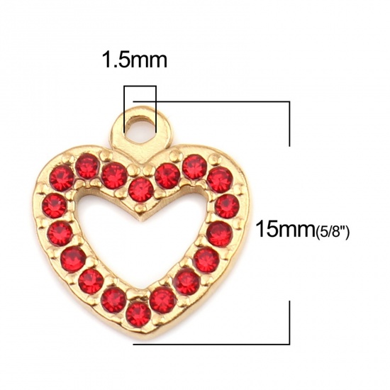 Picture of 304 Stainless Steel Charms Heart Gold Plated Red Rhinestone 15mm x 14mm, 2 PCs