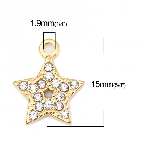 Picture of 304 Stainless Steel Charms Pentagram Star Gold Plated Clear Rhinestone 15mm x 12mm, 2 PCs