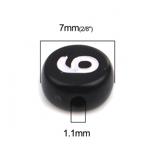 Picture of Acrylic Beads Flat Round Black & White Number Pattern About 7mm Dia., Hole: Approx 1.1mm, 500 PCs