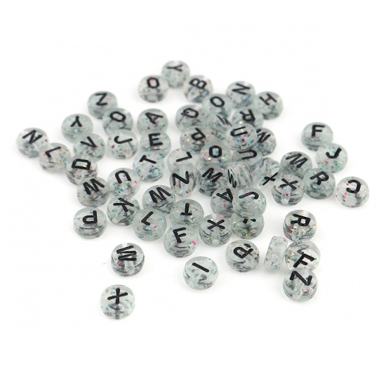 Picture of Acrylic Beads Flat Round Black Initial Alphabet/ Capital Letter Pattern Glitter About 7mm Dia., Hole: Approx 1.4mm, 500 PCs