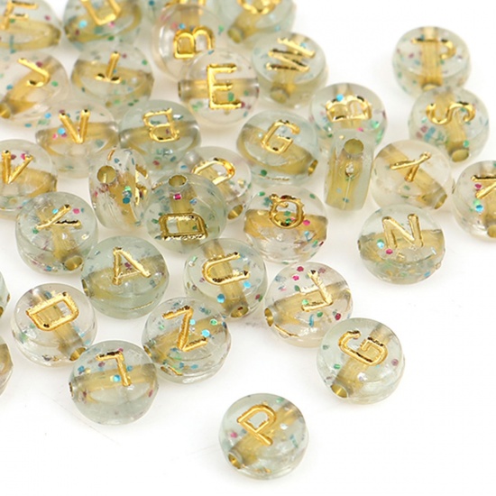 Image de Perles en Acrylique Plat-Rond Or Alphabet Initial/ Lettre Majuscule Brillant Paillettes Env. 7mm Dia, Trou: env. 1.4mm, 500 Pcs