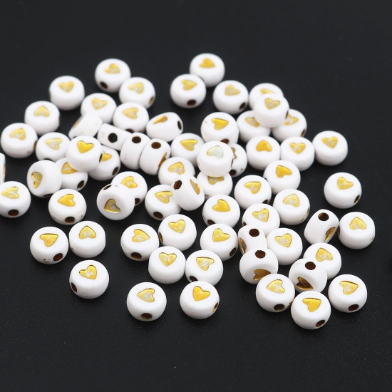 Picture of Acrylic Beads Flat Round White & Golden Heart Pattern About 7mm Dia., Hole: Approx 1.8mm, 500 PCs