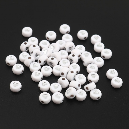 Picture of Acrylic Beads Flat Round White & Silver Color Heart Pattern About 7mm Dia., Hole: Approx 1.8mm, 500 PCs