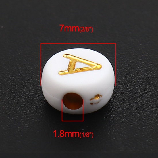 Picture of Acrylic Beads Flat Round White & Golden Initial Alphabet/ Capital Letter Pattern About 7mm Dia., Hole: Approx 1.8mm, 500 PCs
