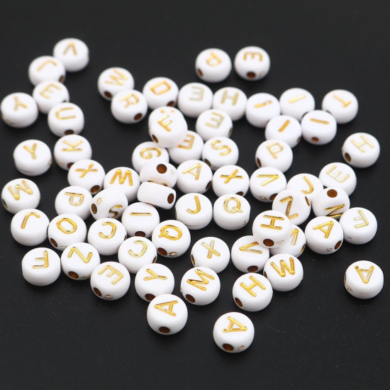 Picture of Acrylic Beads Flat Round White & Golden Initial Alphabet/ Capital Letter Pattern About 7mm Dia., Hole: Approx 1.8mm, 500 PCs